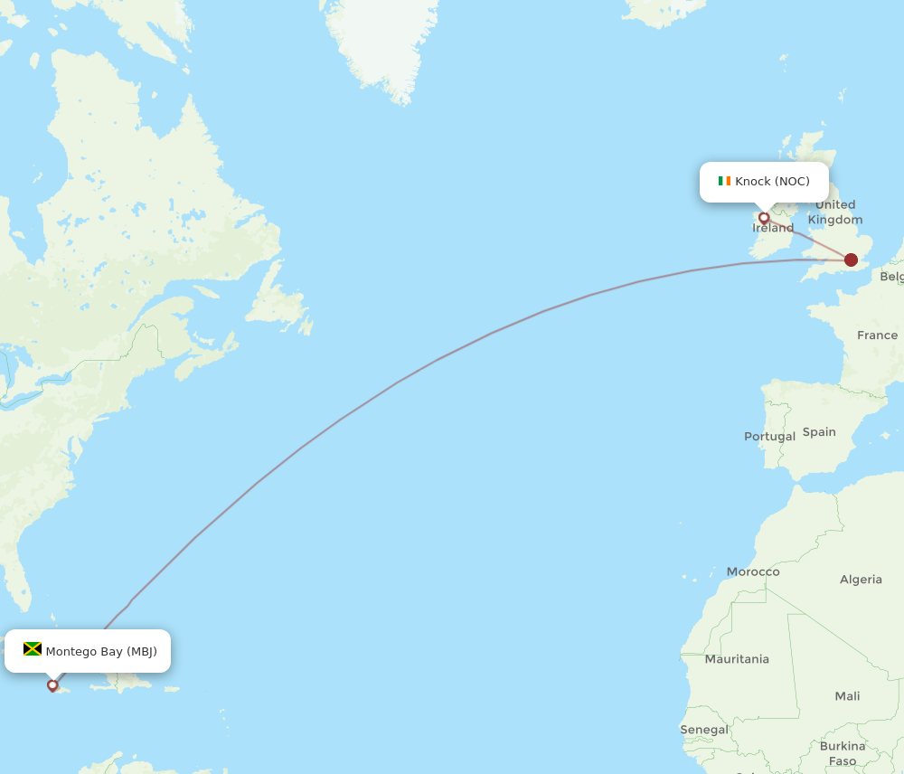 NOC to MBJ flights and routes map