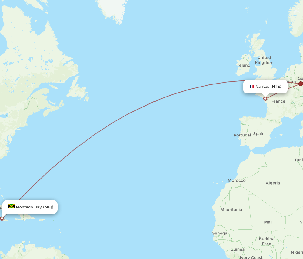 Nantes - Montego Bay route map and flight paths