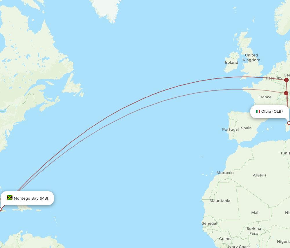 Olbia - Montego Bay route map and flight paths