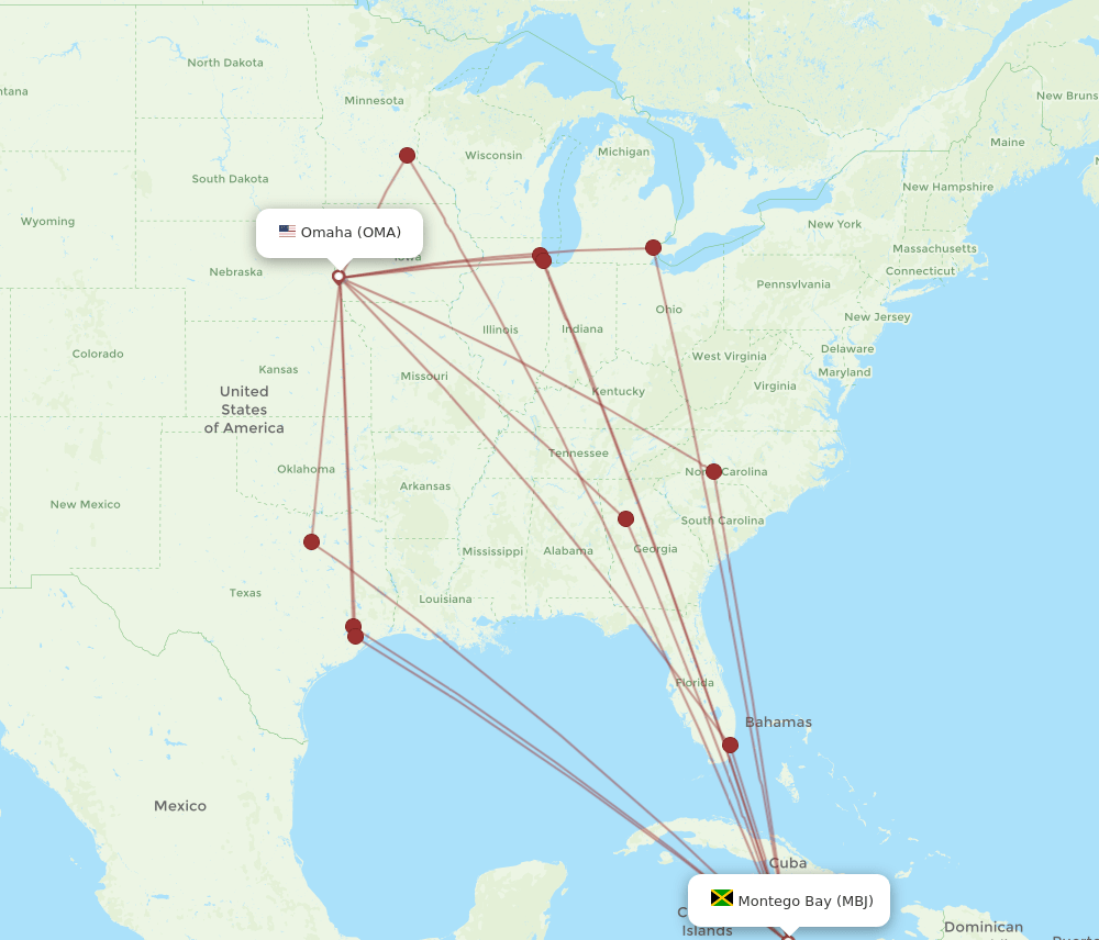 MBJ-OMA flight routes