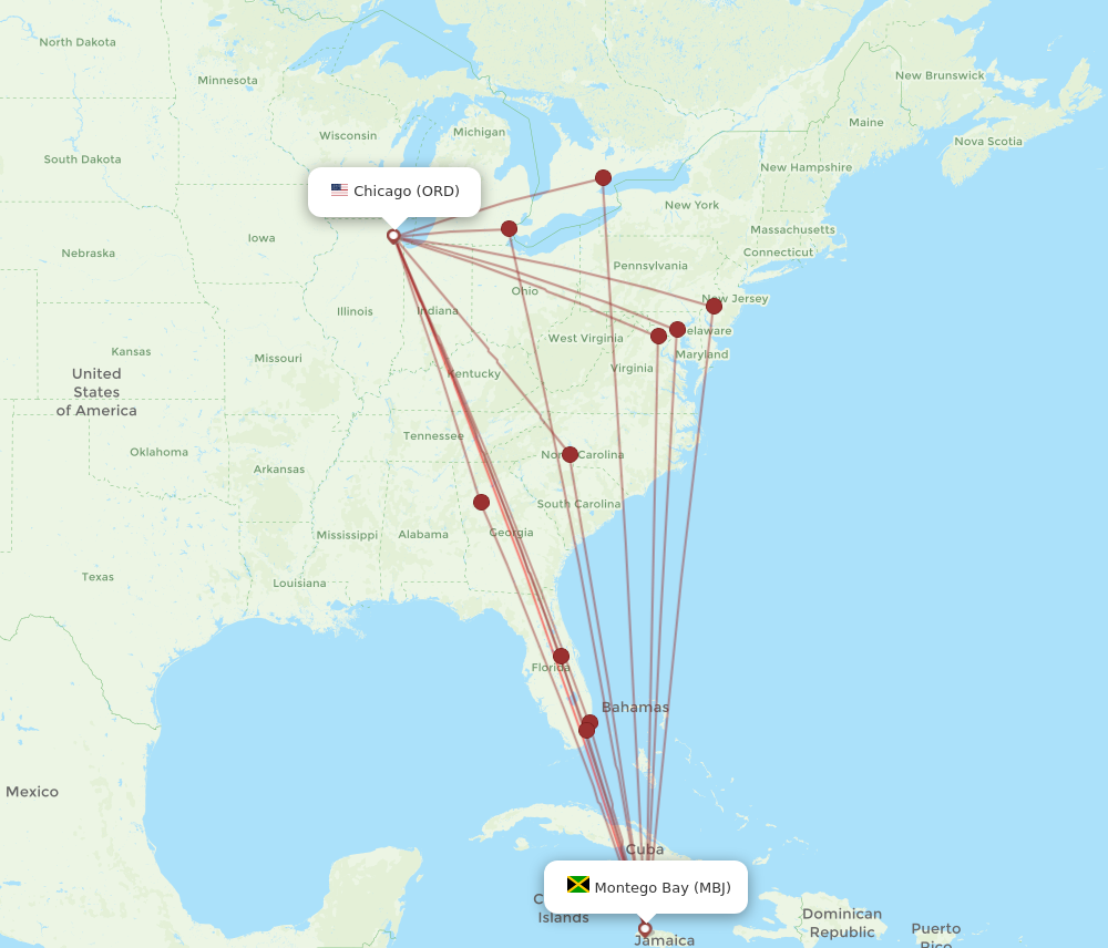 MBJ to ORD flights and routes map