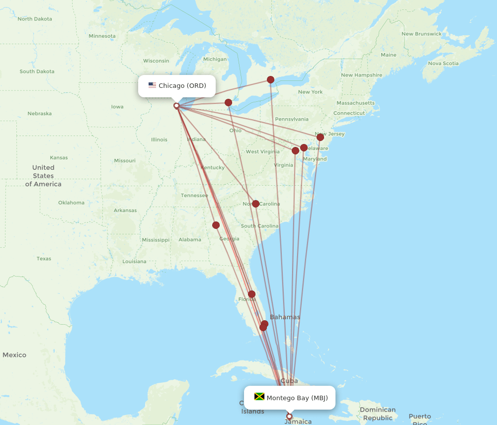 MBJ-ORD flight routes
