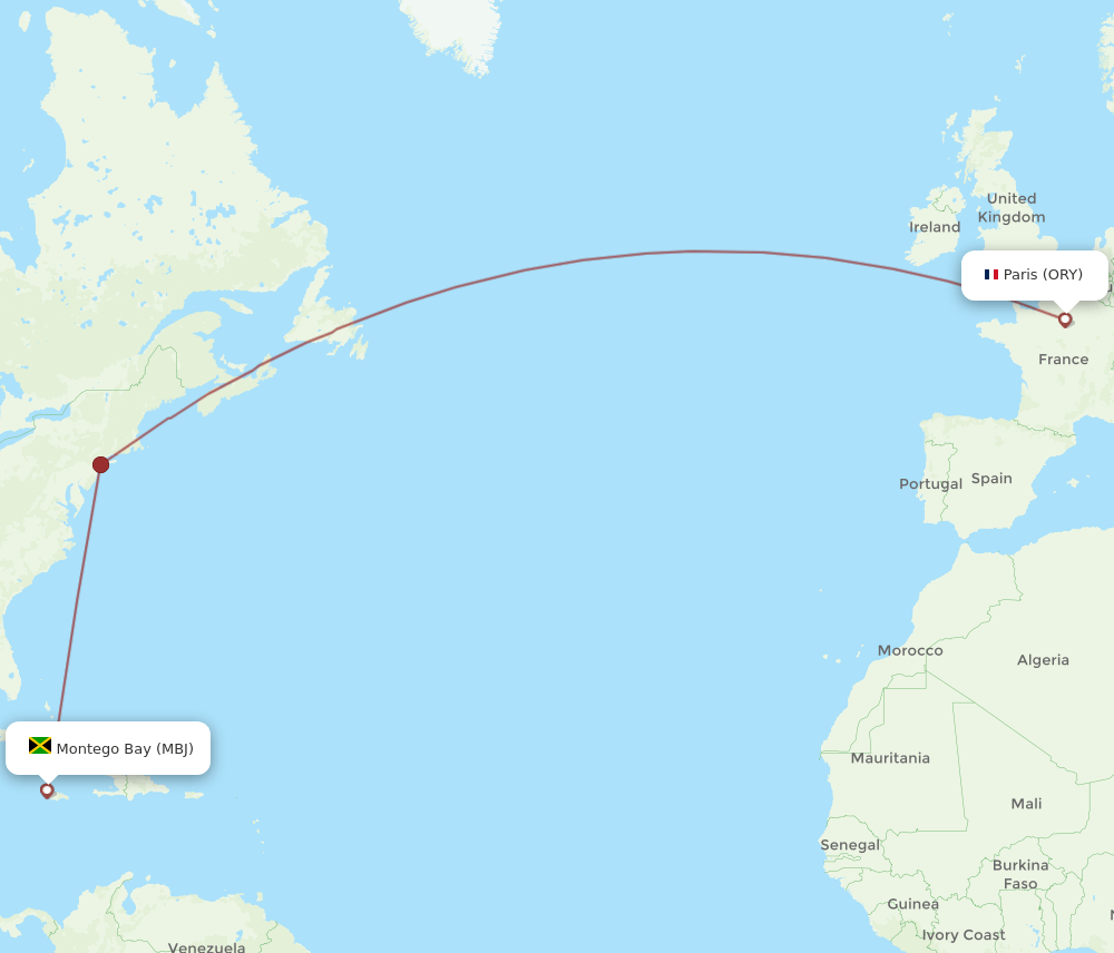 Paris - Montego Bay route map and flight paths