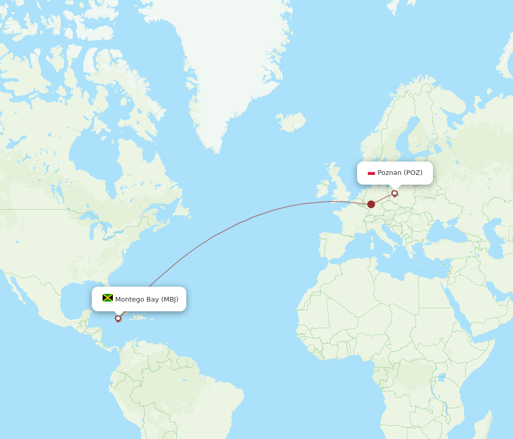 MBJ to POZ flights and routes map