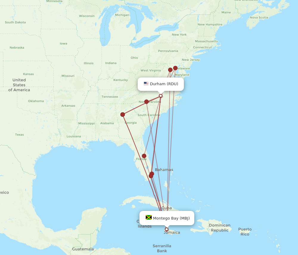MBJ-RDU flight routes