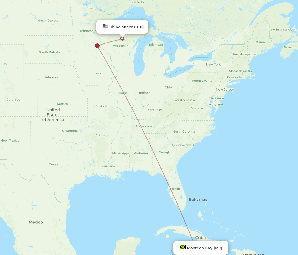 Montego Bay - Rhinelander route map and flight paths