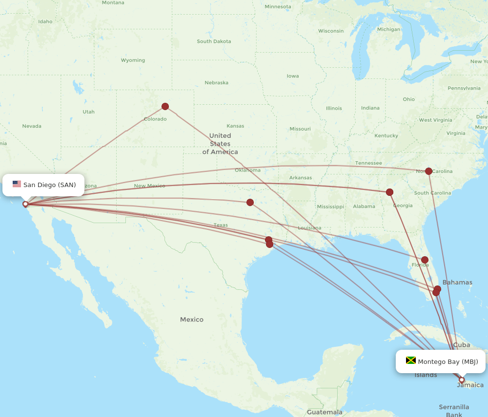 MBJ-SAN flight routes
