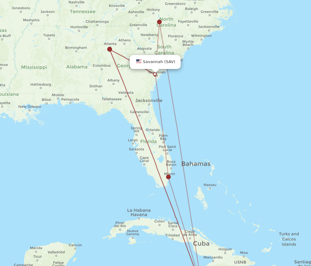MBJ-SAV flight routes