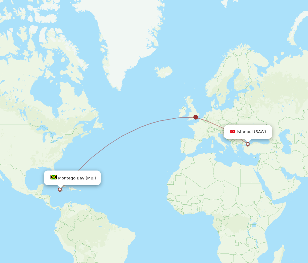 Istanbul - Montego Bay route map and flight paths
