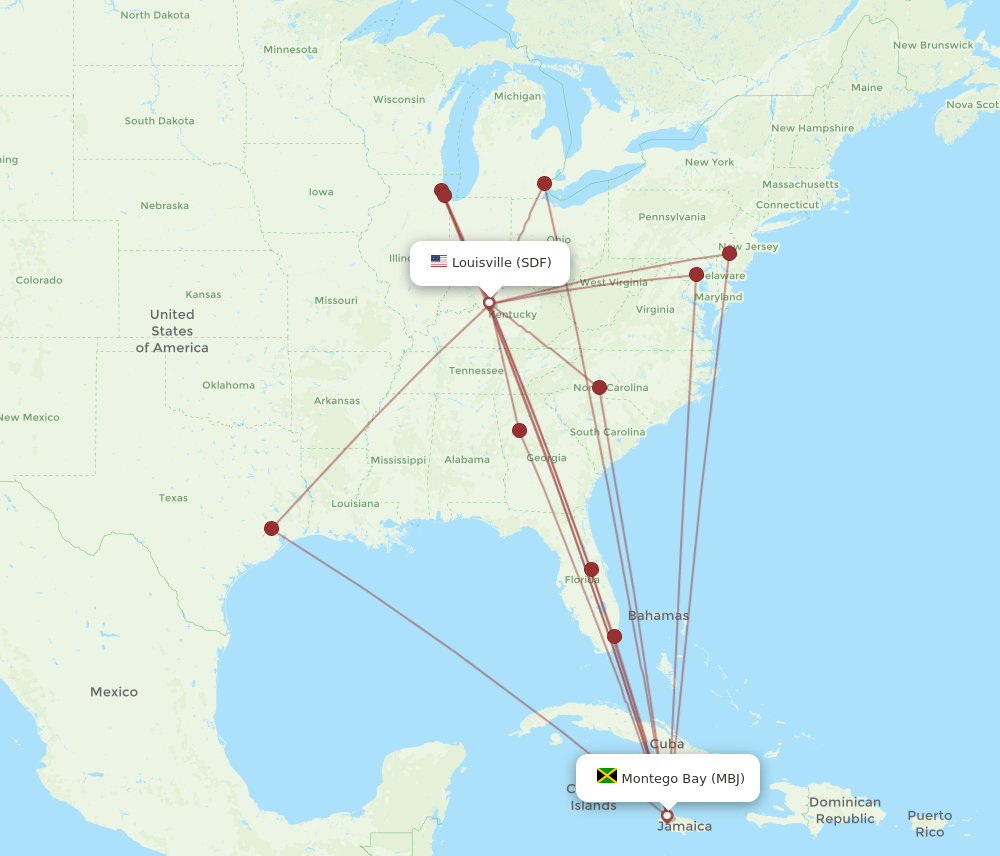 MBJ to SDF flights and routes map