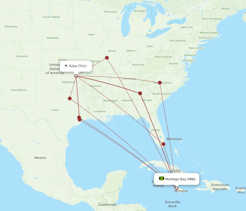 MBJ-TUL flight routes