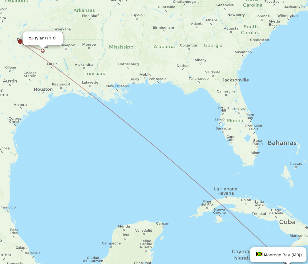 MBJ-TYR flight routes