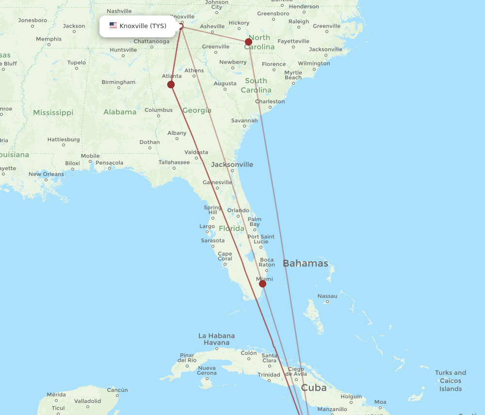 MBJ to TYS flights and routes map