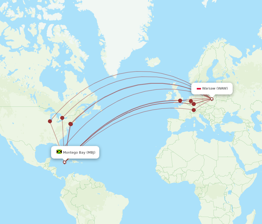MBJ to WAW flights and routes map