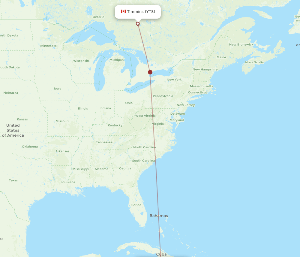 Timmins - Montego Bay route map and flight paths