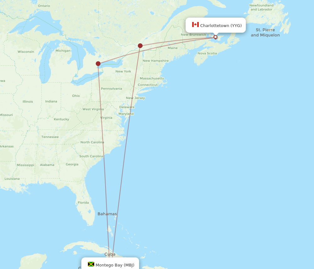 MBJ to YYG flights and routes map