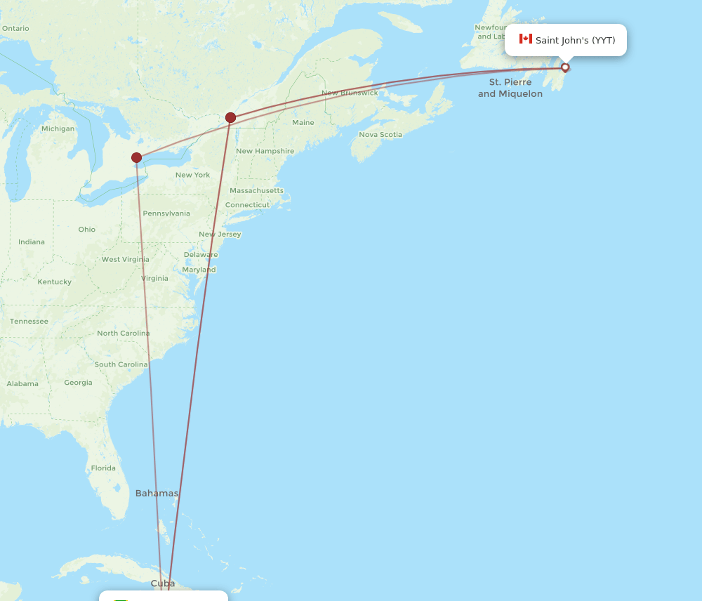 MBJ to YYT flights and routes map