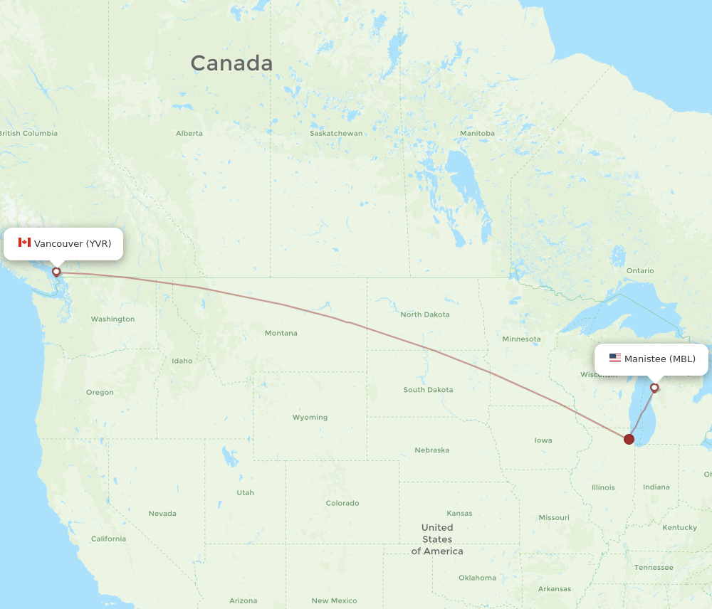 Vancouver - Manistee route map and flight paths