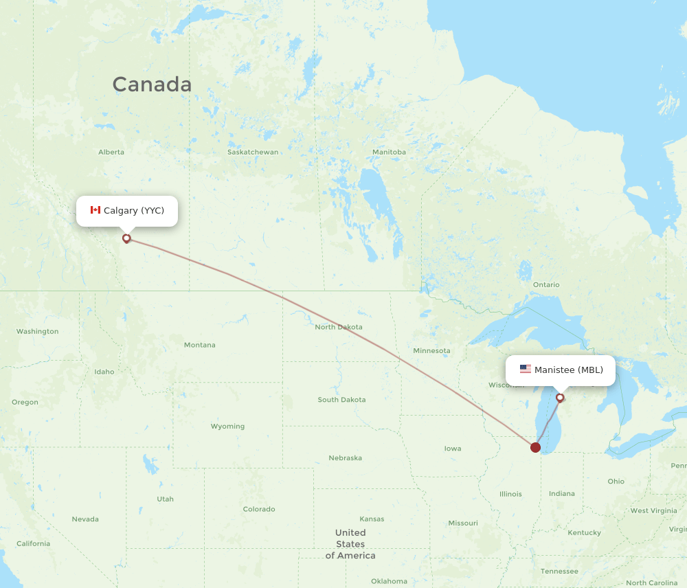 Calgary - Manistee route map and flight paths