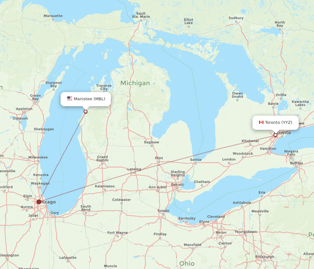 Toronto - Manistee route map and flight paths