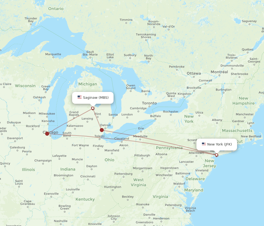 MBS-JFK flight routes