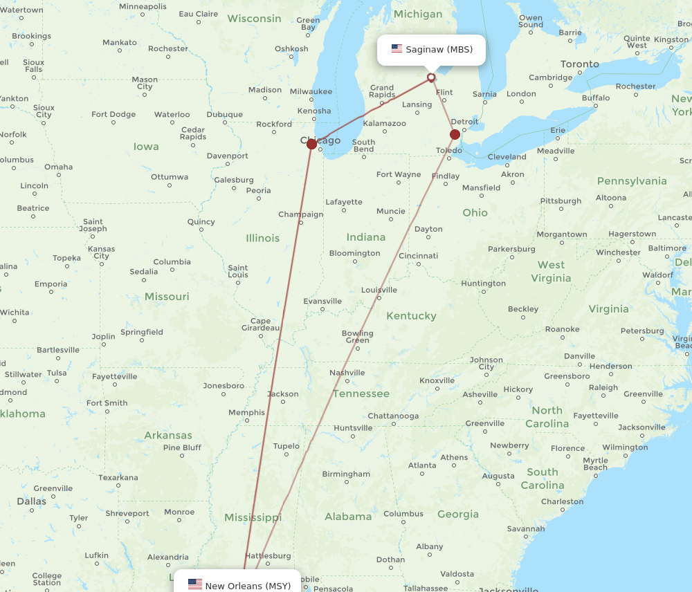 MBS-MSY flight routes