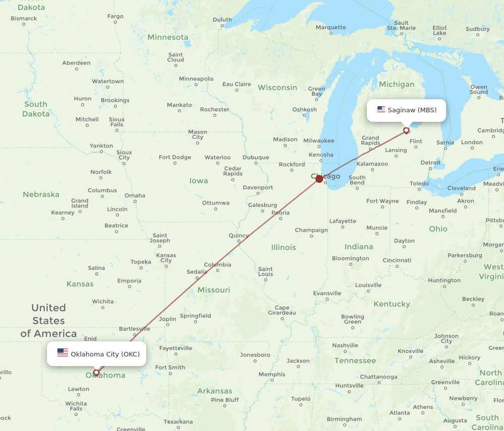 MBS-OKC flight routes