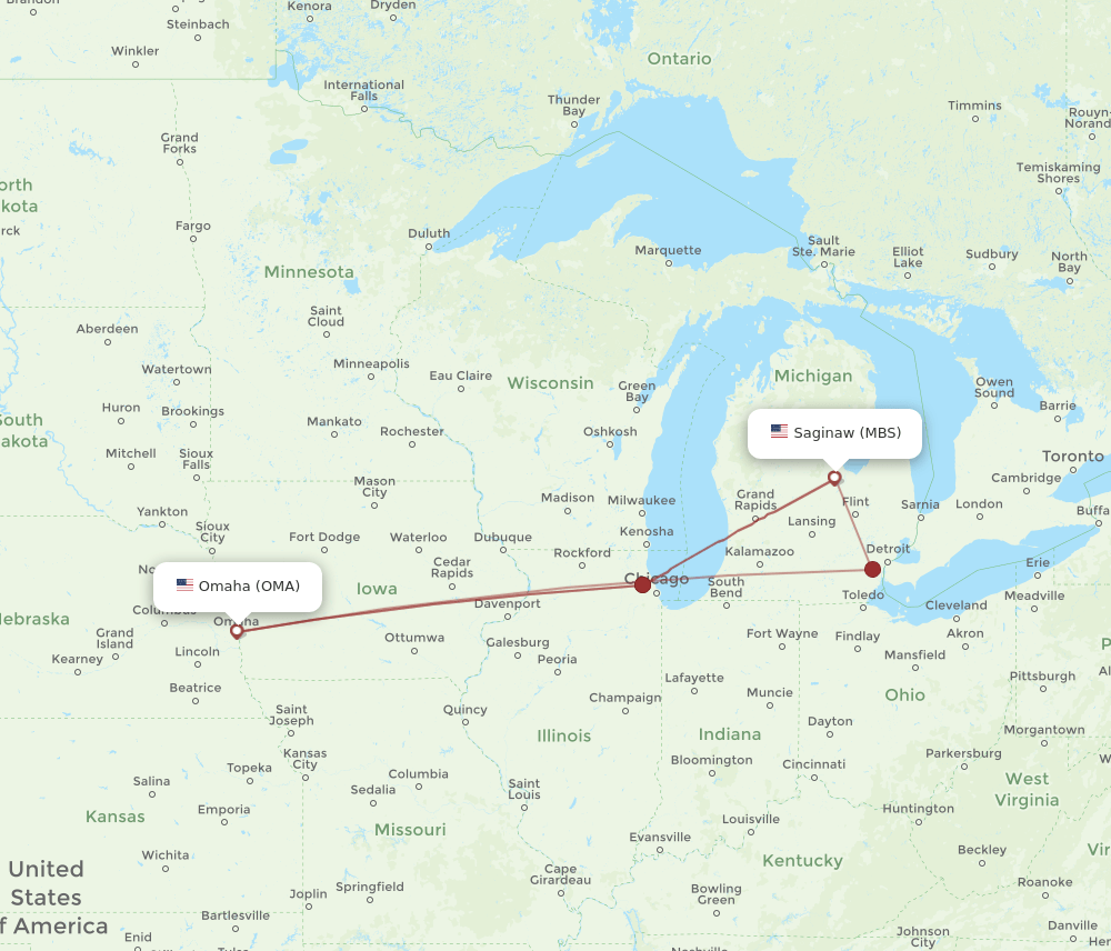 MBS to OMA flights and routes map