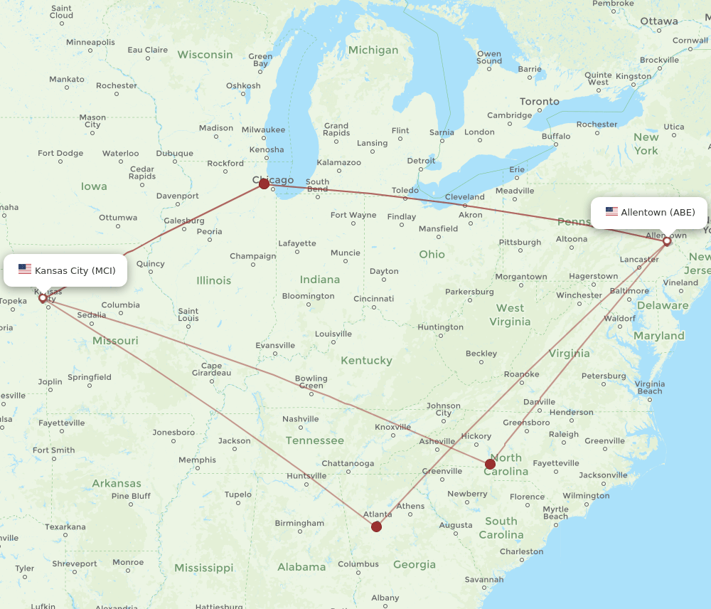 MCI to ABE flights and routes map