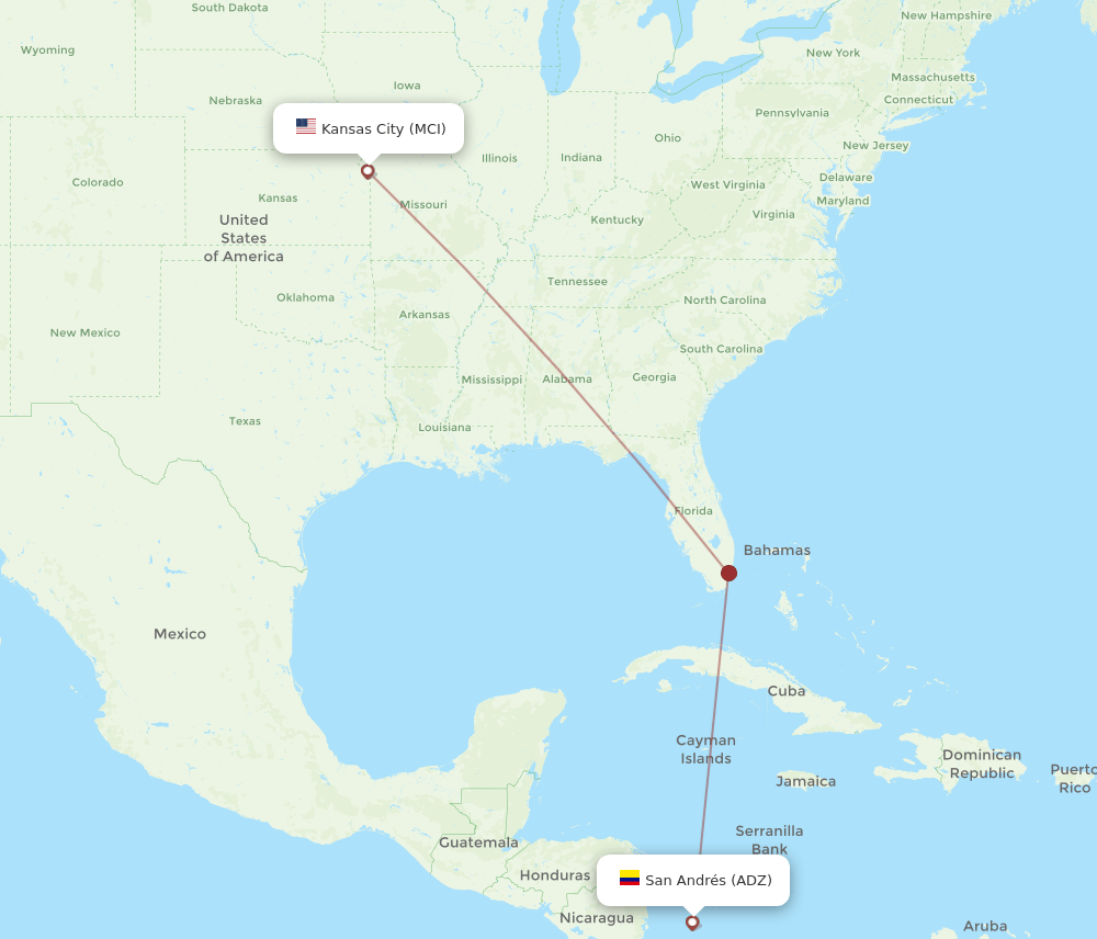 Kansas City - San Andres Island route map and flight paths