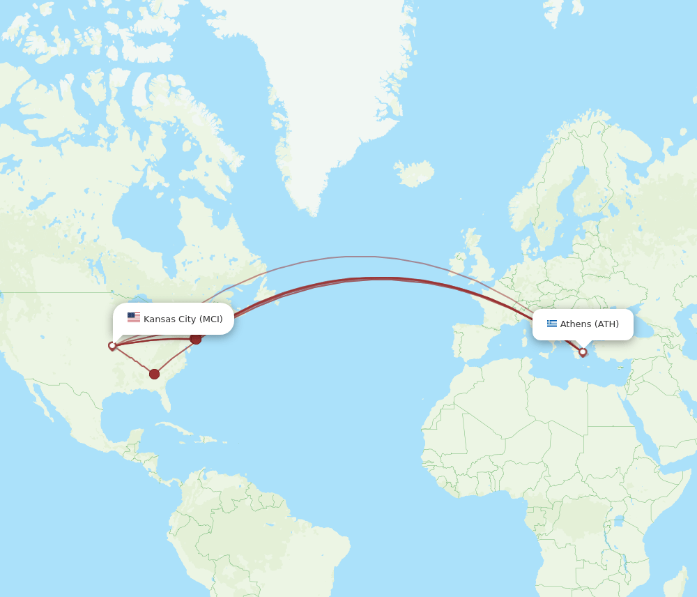 MCI to ATH flights and routes map
