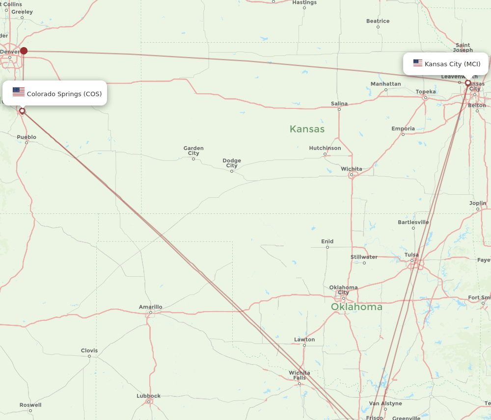 MCI to COS flights and routes map