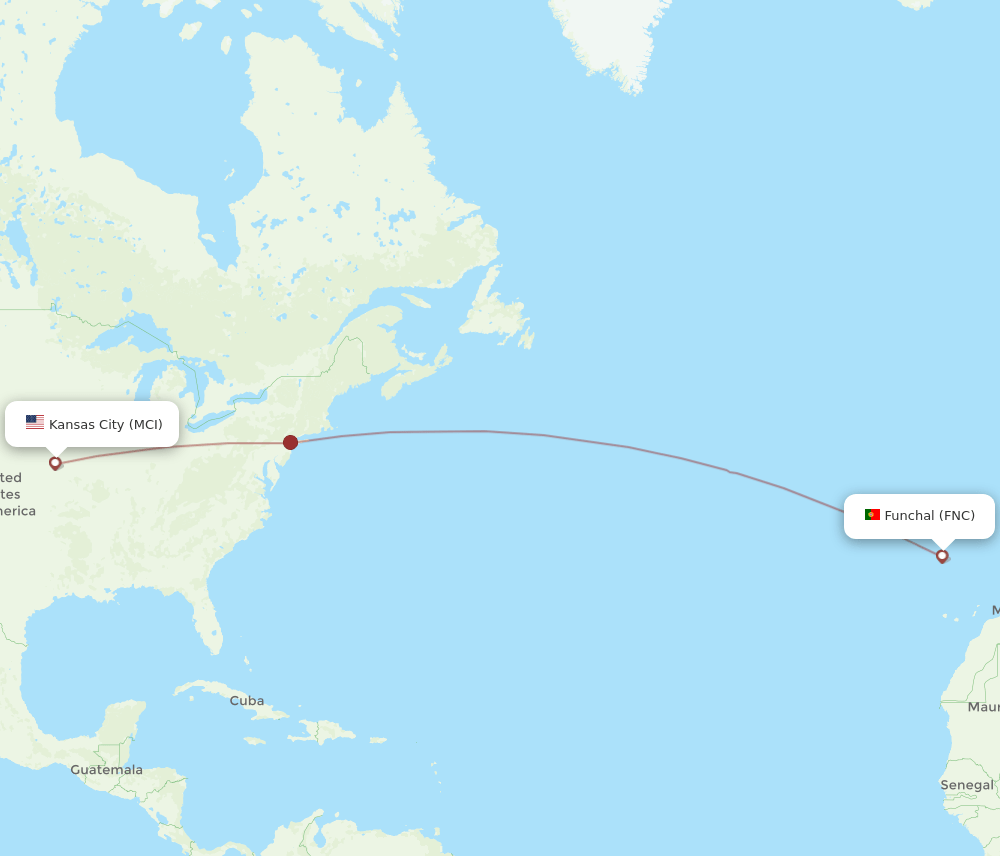 Funchal - Kansas City route map and flight paths