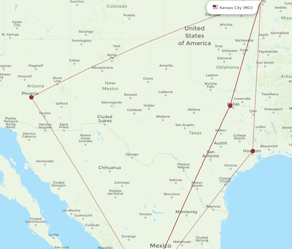 MCI to GDL flights and routes map