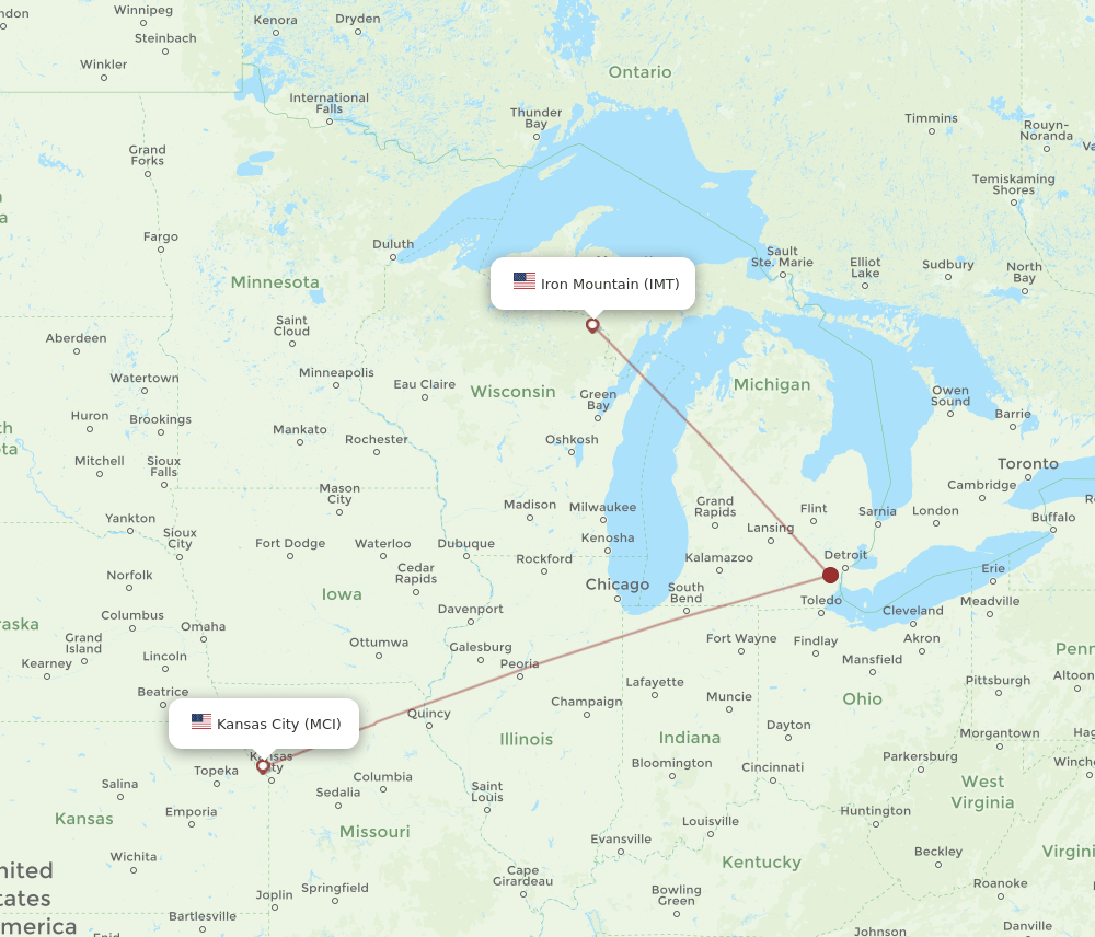 MCI to IMT flights and routes map