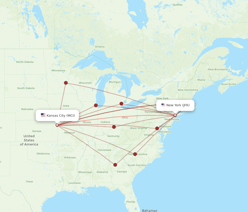 MCI to JFK flights and routes map