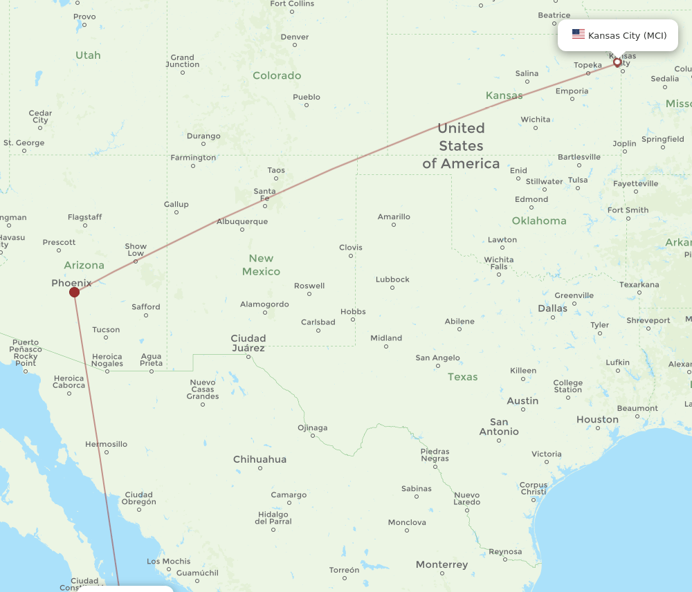 Kansas City - La Paz route map and flight paths