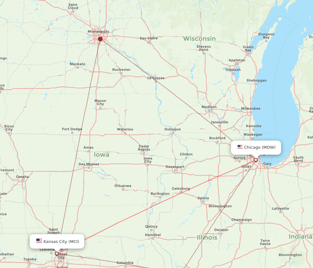 MCI to MDW flights and routes map