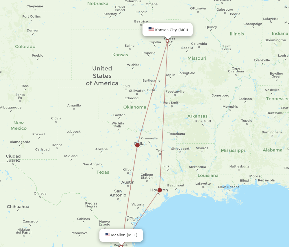 MCI to MFE flights and routes map