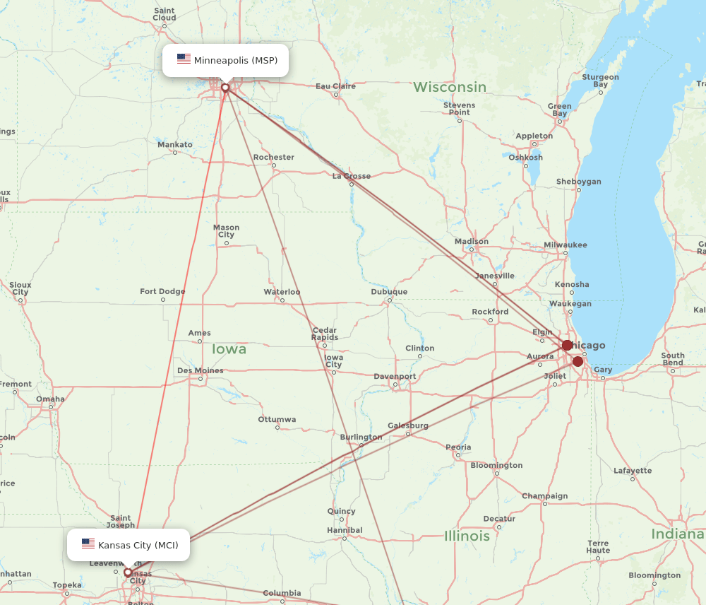 MCI to MSP flights and routes map