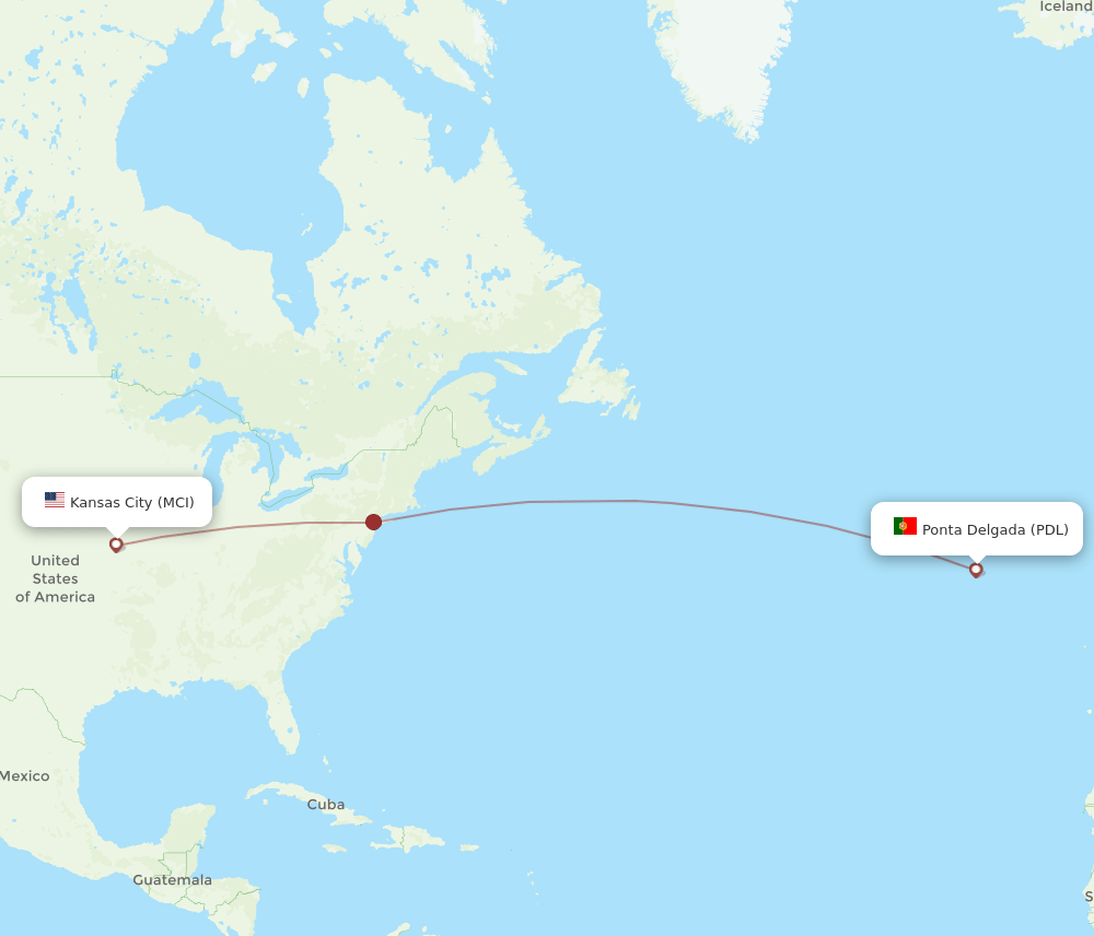 Ponta Delgada (Azores) - Kansas City route map and flight paths