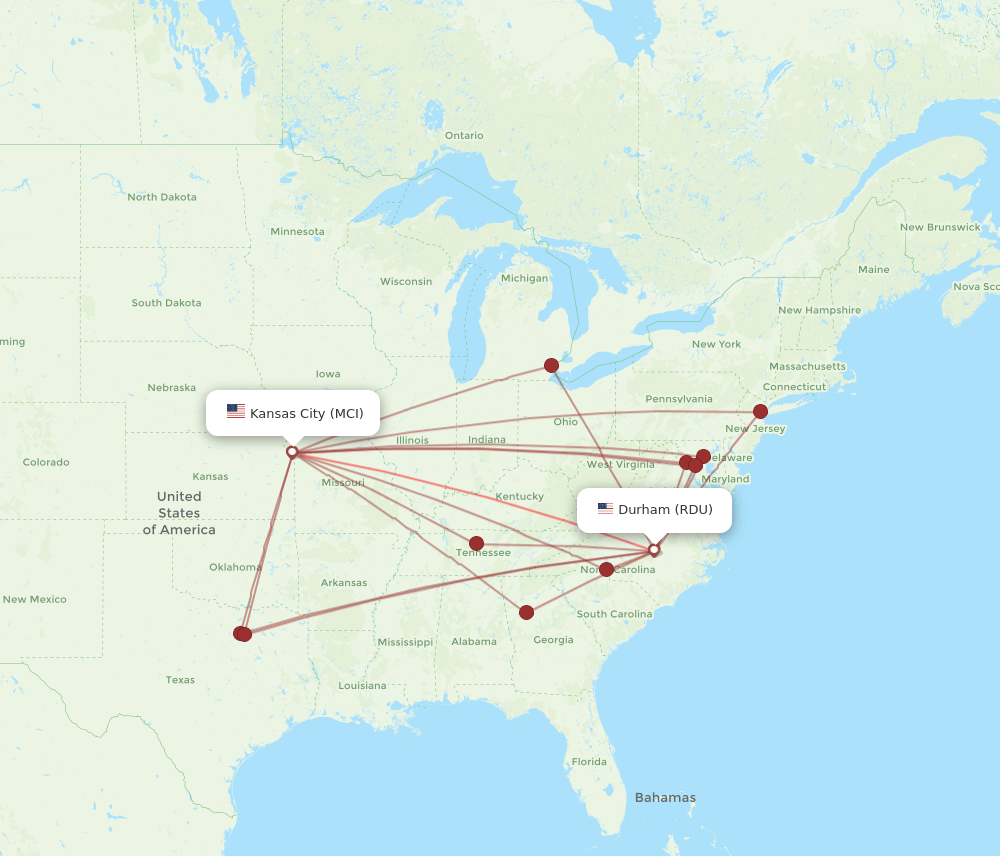 MCI to RDU flights and routes map
