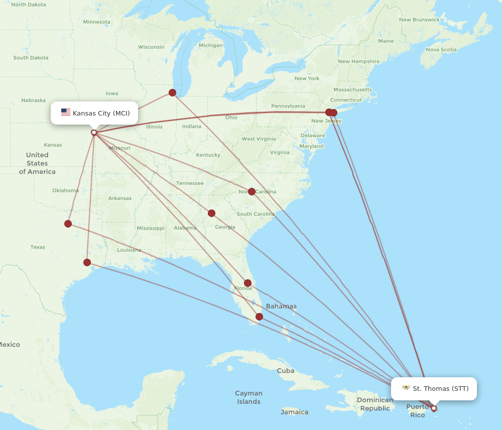 MCI to STT flights and routes map