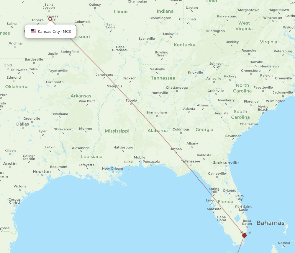 Kansas City - Varadero route map and flight paths
