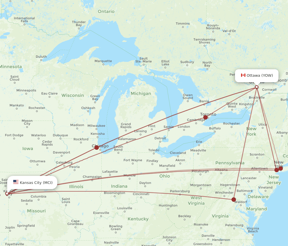 MCI to YOW flights and routes map