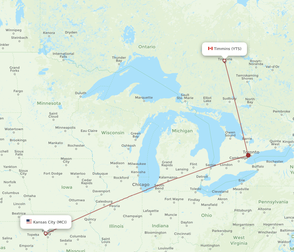 Kansas City - Timmins route map and flight paths