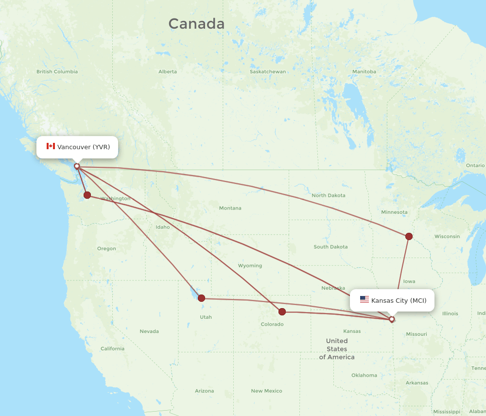Vancouver - Kansas City route map and flight paths