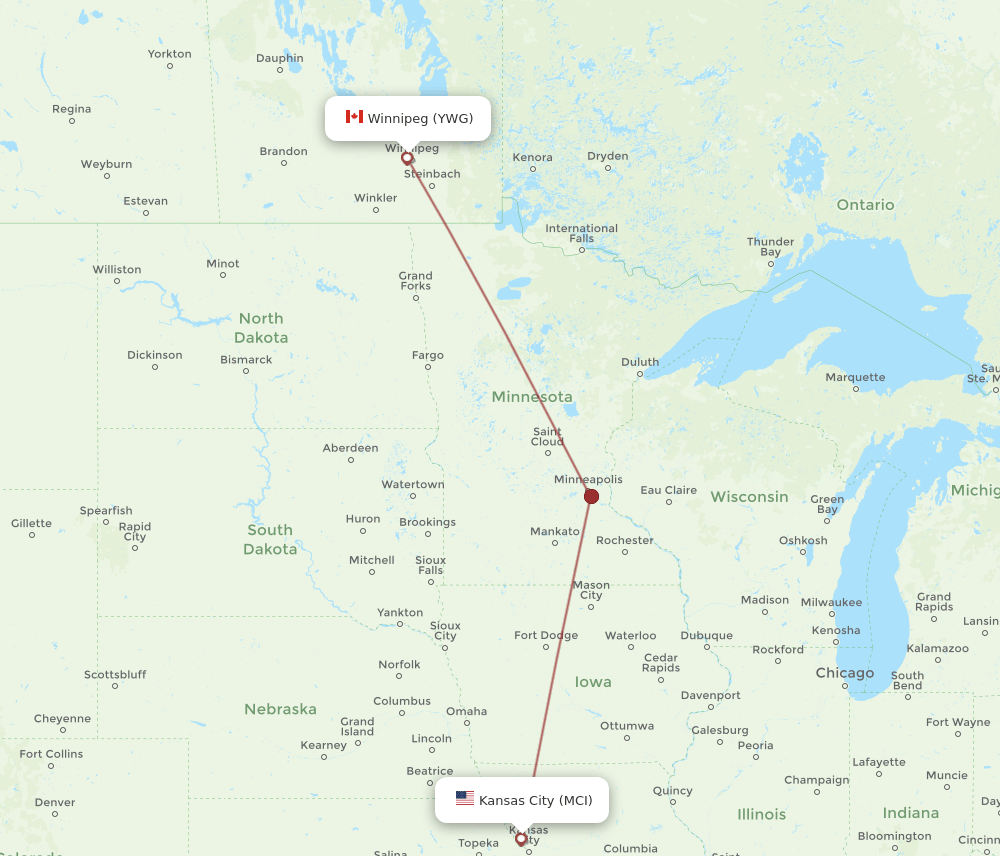 Winnipeg - Kansas City route map and flight paths