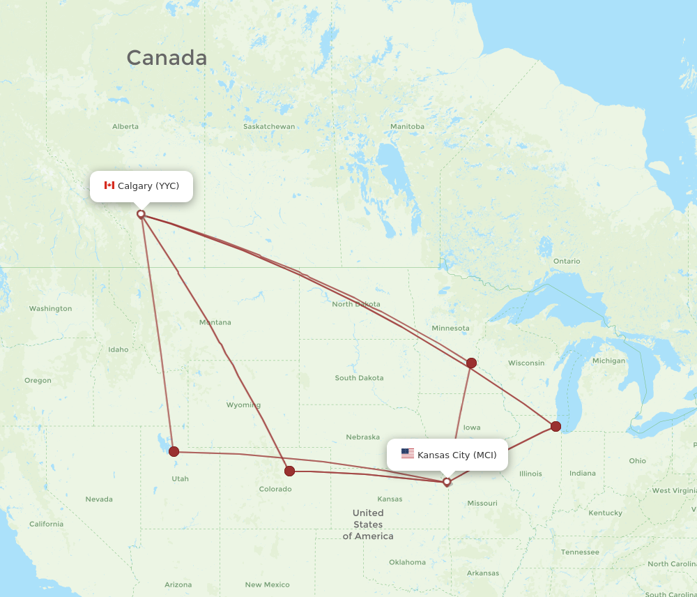 MCI to YYC flights and routes map