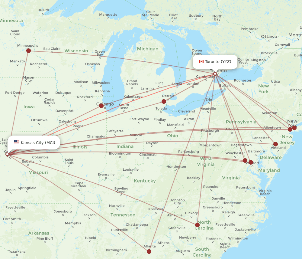 MCI to YYZ flights and routes map